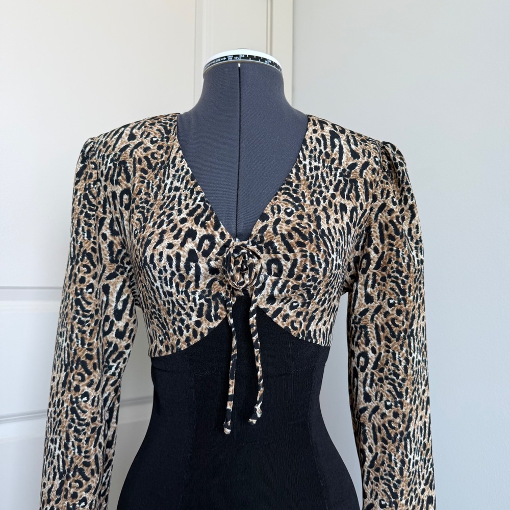 Vintage 90s Animal Print Rosette Long Sleeve Mini Dress